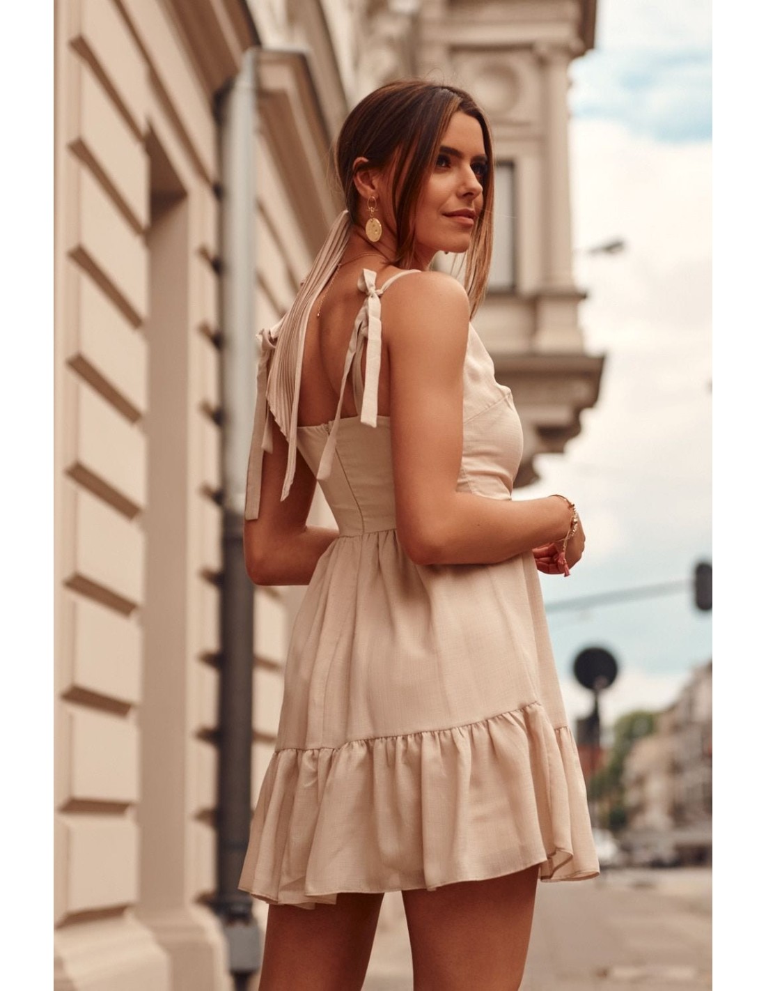 Lovely dress with an envelope neckline, beige PR3196 - Online store - Boutique